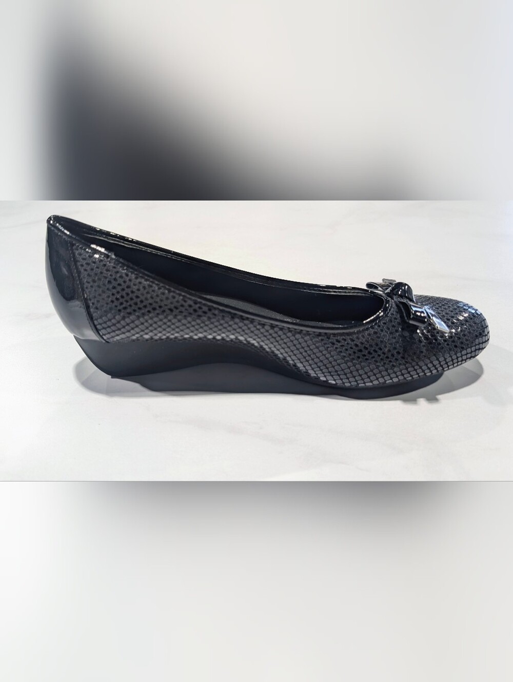 Karen Scott Black Textured Patent Wedge Ballet Flat with Bow Accent